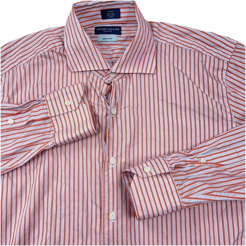 Peter Millar Shirt Men Medium Orange Striped Button Up Dress Egyptian Cotton